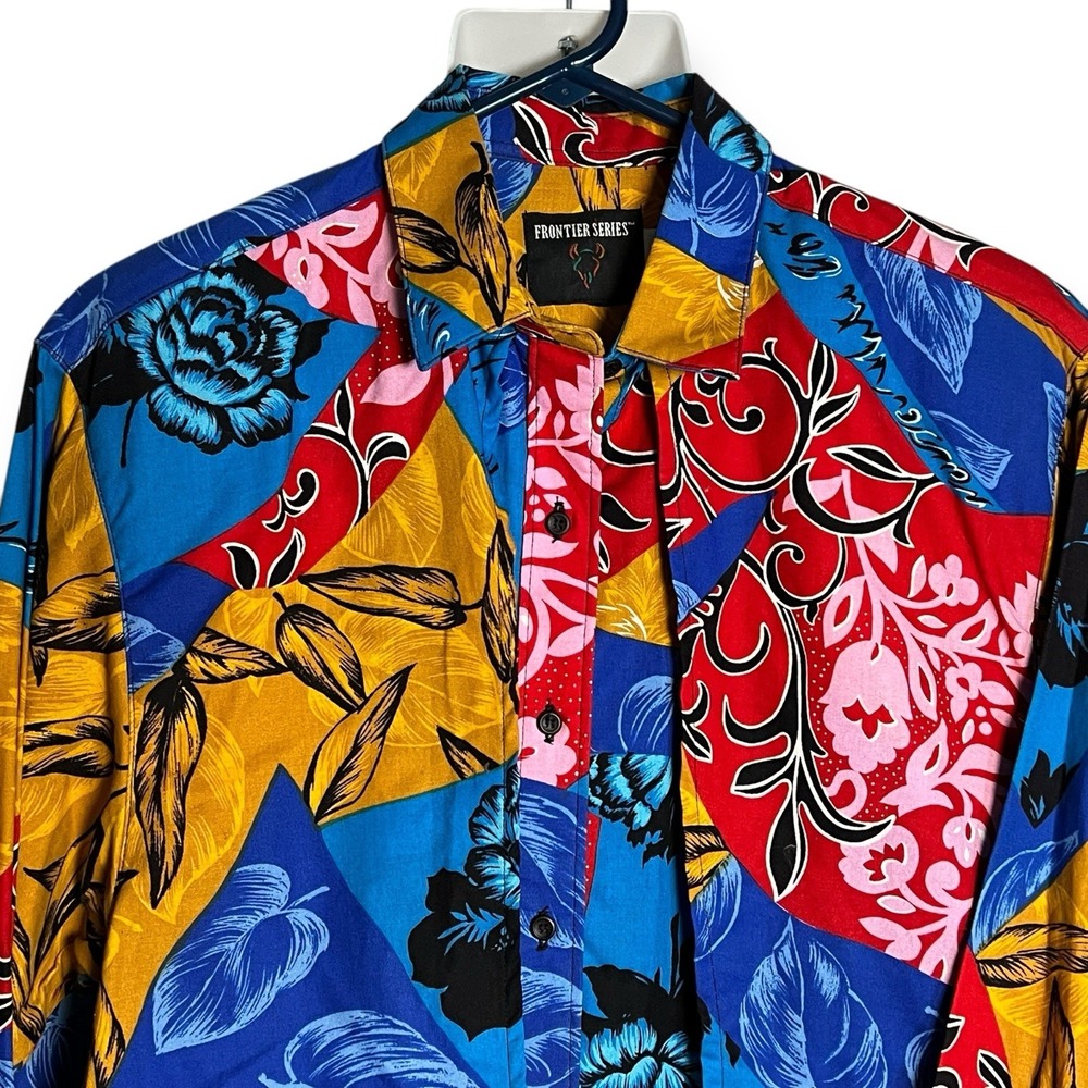 Vtg FRONTIER SERIES Women's L Shirt COWBOY Western Geometric Floral EUC Dopamine